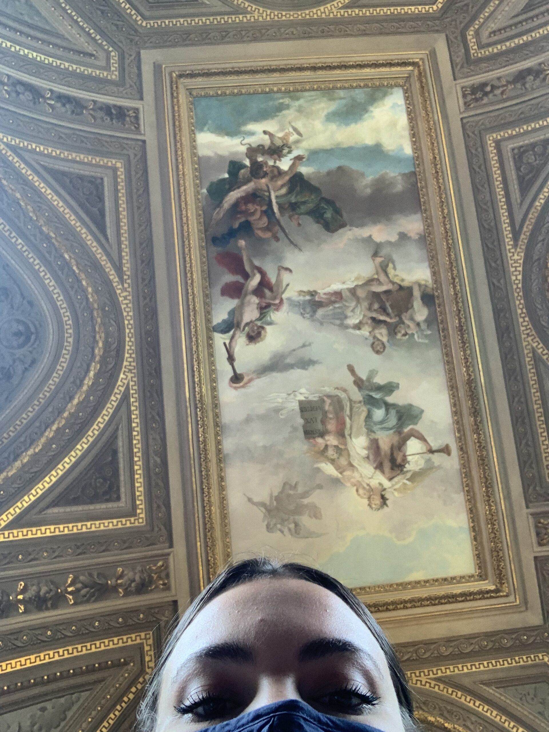 A woman wearing a face mask in front of an ornate ceiling, MASK.