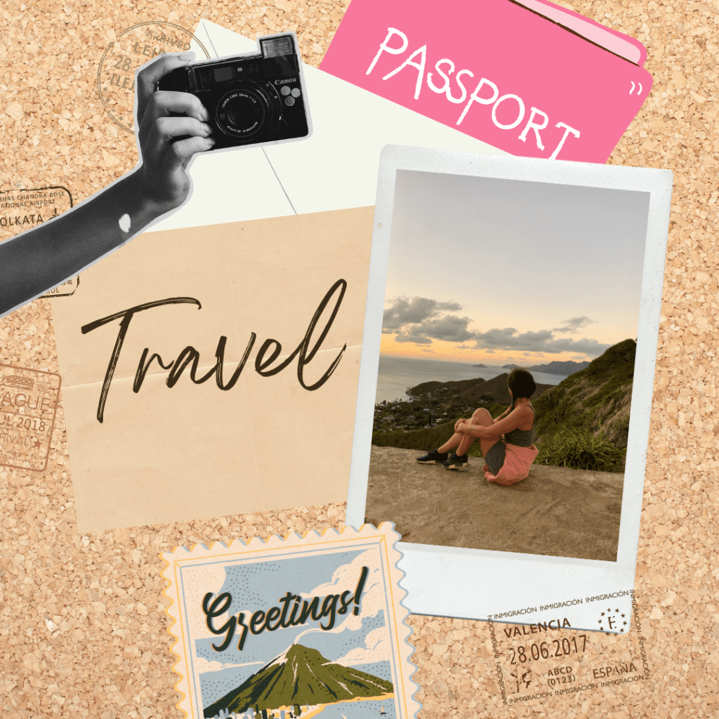 A photo of a woman with a camera and a passport on a cork board.