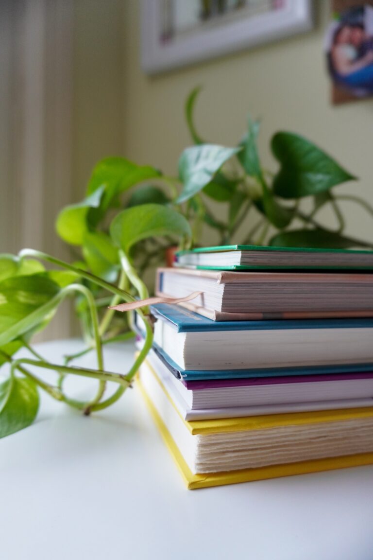 A stack of books for women in their 20s on a table with a plant.