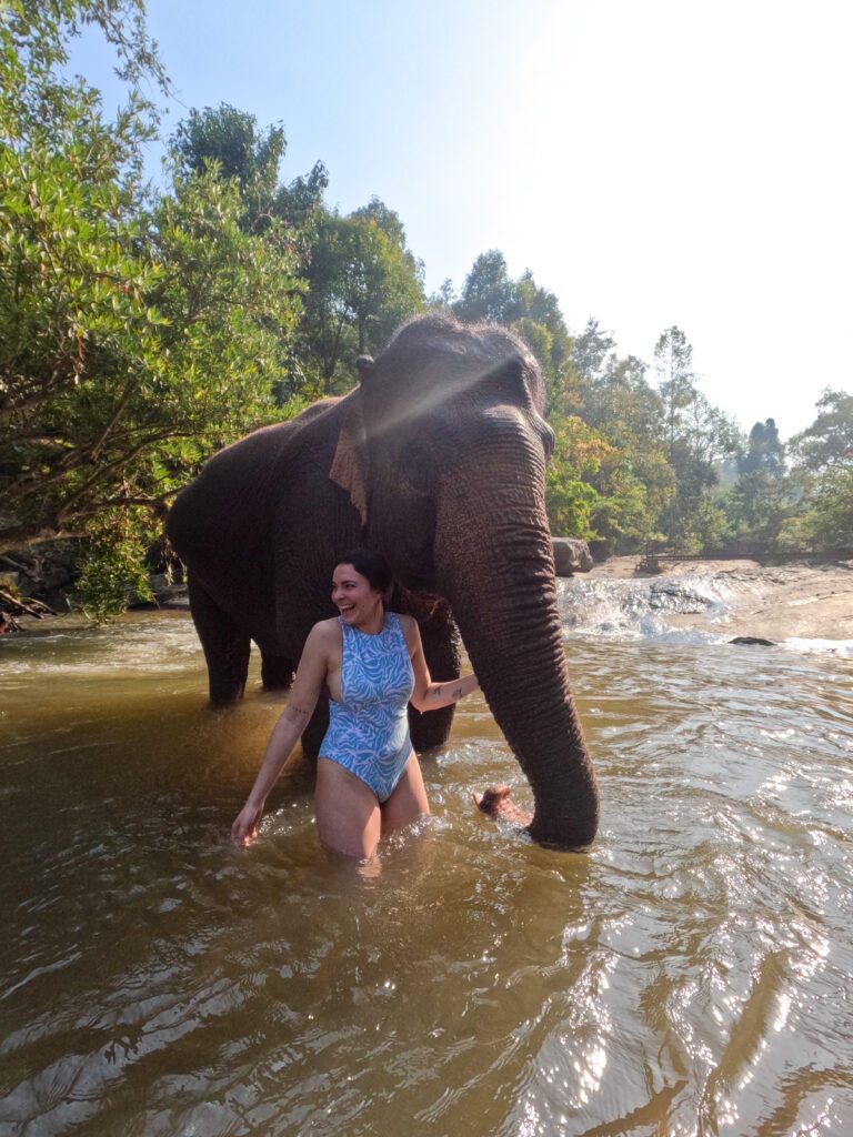 woman, water, elephant