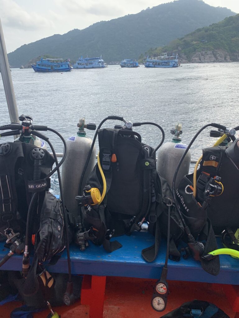 Scuba gear on the boat deck.