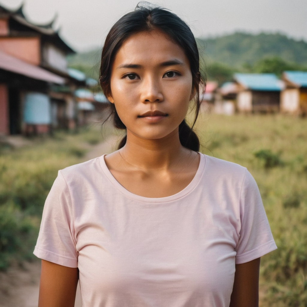 Young asian woman in a pink t-shirt standing in front of traditional houses with a mountainous backdrop.