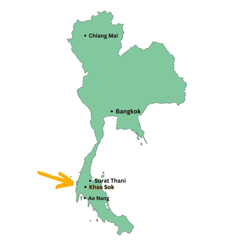 Map of thailand highlighting key locations: bangkok, chiang mai, ao nang, khao sok, and surat thani; an arrow points to the southern region.