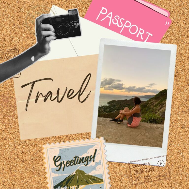 A collage with travel-themed items: a woman sitting overlooking a scenic view, a passport, a camera, and a "Greetings!" postcard on a corkboard background.