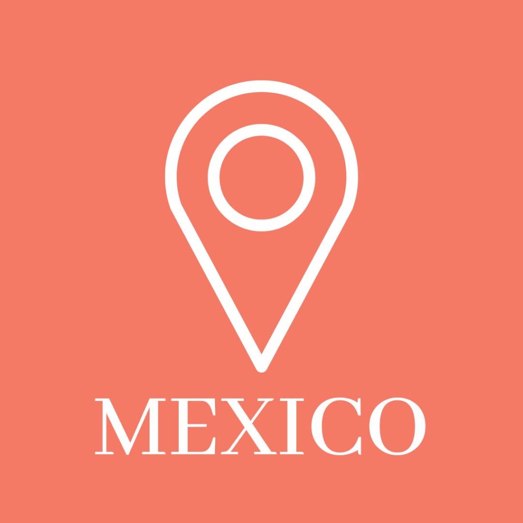 A red background features a white map pin icon above the word "Mexico.